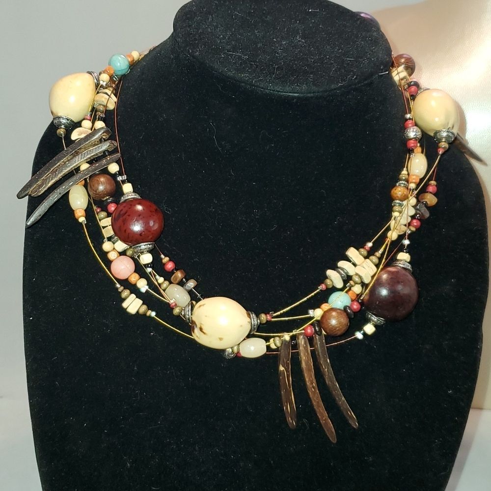 Natural mixed Beads Boho multi strand adjustable necklace Earthy Hippie Jewelry